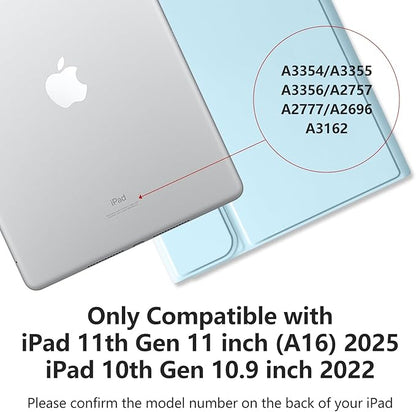 MMK iPad A16 Case (2025, 11"), iPad 10th Generation Case with Keyboard (2022, 10.9"), Wireless Detachable Keyboard, Pencil Holder (Blue)