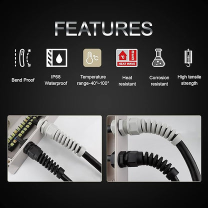 LeMotech 2Pcs NPT 3/4" IP68 Waterproof Cable Gland Flex Spiral Strain Relief Black Nylon Joint with Gaskets for 13-18mm Wire Thread