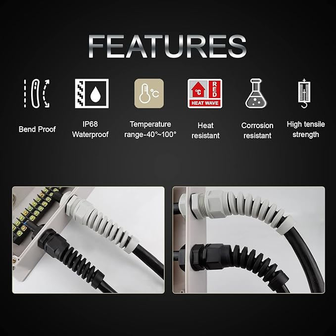 LeMotech 2Pcs NPT 1/2" IP68 Waterproof Cable Gland Flex Spiral Strain Relief Black Nylon Joint with Gaskets for 6-12mm Wire Thread