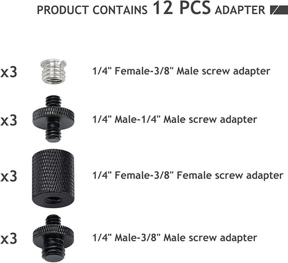 12 Pcs 1/4" & 3/8" Camera Screw Adapter Set - DSLR, GoPro, Flash & Light Stand Mounts