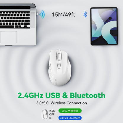 TechRise Bluetooth Mouse (BT5.0/3.0 & 2.4G) Rechargeable Wireless Mouse 2.4GHz with USB A Receiver, 4800 DPI Optical Tracking, 6 Adjustable DPI, Quiet Clicks, 6 Buttons, Wide Compatibility - White