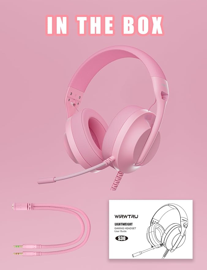 S30 Gaming Headset with Microphone,198g Lightweight Design, Wired Gaming Headphones for Xbox, Xbox Series X|S, PS5, PS4, Switch, PC, Noise Cancelling Mic, Soft Earmuffs (Pink)