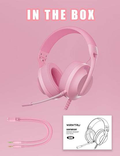 S30 Gaming Headset with Microphone,198g Lightweight Design, Wired Gaming Headphones for Xbox, Xbox Series X|S, PS5, PS4, Switch, PC, Noise Cancelling Mic, Soft Earmuffs (Pink)