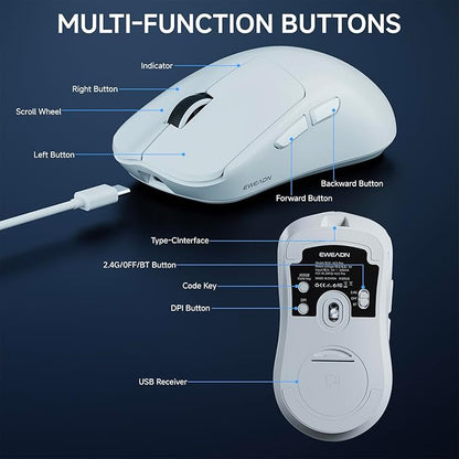 EWEADN X23Pro Wireless Gaming Mouse, 2.4G/BT5.0/USB-C Esports Gaming Mouse, 49g Lightweight Mouse Gaming, 12000 DPI Wireless Mouse with 6 Programmable Buttons,for Laptop/PC/Mac, White