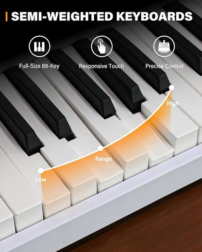 AiJoy 88 Key Beginner Piano Keyboard with Semi-Weighted Keys, 128 Tones, Speakers, USB MIDI, Carry-Bag, Sustain Pedal and Stand, White