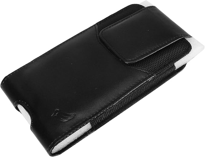 Leather Cell Phone Holster for T-Mobile REVVLRY+, REVVL 4, AT&T Fusion Z, Motivate, Jitterbug Smart3, Kyocera DuraSport 5G - Vertical Case Waist Carrying Pouch with Belt Clip/Loops, Black
