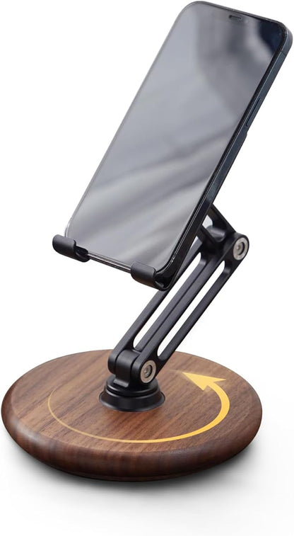 RENMTURE Phone Desk Stand, Adjustable Foldable Cell Phone Stand with 360° Rotation for iPhone 16 15 14 13 Pro ipad, Mobile Phones & Tablets Stable, Ergonomic Holder for Home Office, Walnut Wood Base