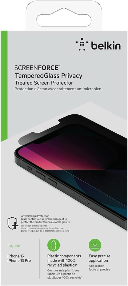Belkin Privacy Tempered Glass Screen Protector for iPhone 13 and 13 Pro, Treated Surface with Anti-Fingerprint Coating and Bubble Free Application with Included Easy Align Tray