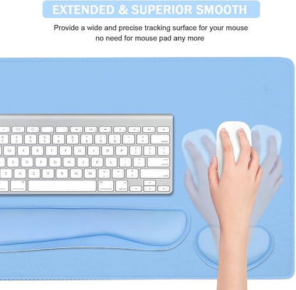 Large Keyboard Mouse Pad Set, Extended Mouse Pad+Keyboard Wrist Rest Support, Memory Foam Ergonomic Easy Typing, 4Pcs (35.4×15.14 in) Desk Pad Set for Home Office Study Game - Blue