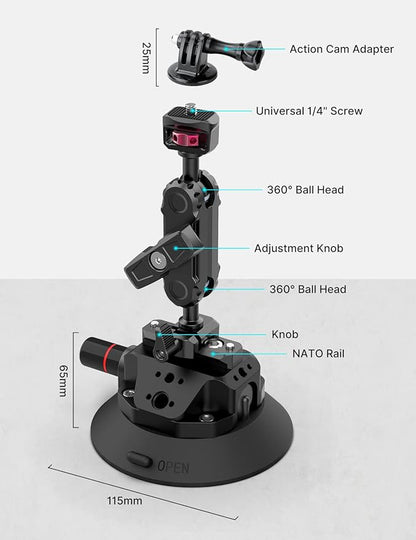 Camera Suction Cup Mount for Action Cameras - ULANZI SC-02 4.5in Pump-actived Vacuum Suction Mount w Quick Release NATO Magic Arm Car Boat Windshield Window Mount Compatible with Action Cameras
