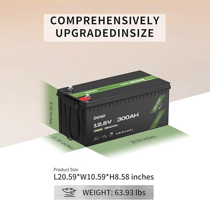 OKMO 12V 300Ah LiFePO4 Lithium Battery 3840Wh Rechargeable Lithium Battery with BMS 10 Years Lifetime 15000+ Deep Cycles,for Solar systerm,RV,Camping,Battery Backup,Marine and Home Energy Storage