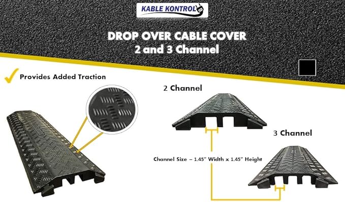 Kable Kontrol Drop Over Floor Cord Cover – 40” Inch Long 2 Channel Cable or Wire Protector – 60 Pcs Bulk Pack - Rubber Ramp for Indoor and Outdoor Use – Black