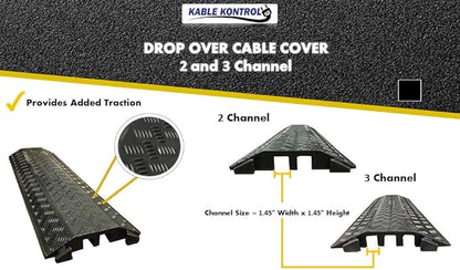 Kable Kontrol Drop Over Floor Cord Cover – 40” Inch Long 2 Channel Cable or Wire Protector – 60 Pcs Bulk Pack - Rubber Ramp for Indoor and Outdoor Use – Black