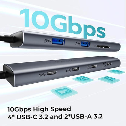 USB C to USBC Hub Dual/Triple Monitor, USBC Splitter 4K@30-60Hz with HDMI, 6 * 10Gbps, 100W PD, SD4.0, Full-Function Type C Port, Docking Station for Windows, Chromos Laptops, with USBC Video Cable