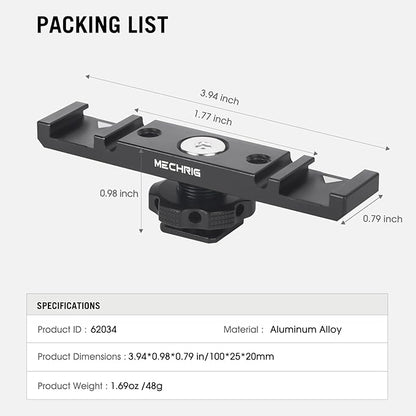 Dual Cold Shoe Extension Bar Mount, Aluminum Dual Hot Shoe Mount Bracket with 1/4" Thread & Cable Slot, Cold Shoe Bracket for DSLR Camera LED Video Light Microphone Monitor (62034)