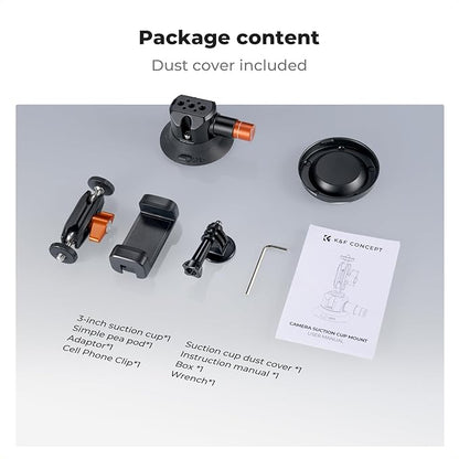 K&F Concept 3" Suction Cup Mount with 360° Double Ball Head Magic Arm, 1/4" Screw Threads, Quick Release Car Mount Compatible with DJI Insta360 for Action Camera Phone Video