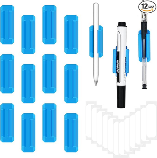 12 Pack Pen Holder for Desk, Silicone Pencil Holder with 12 Extra Adhesive Stickers, Adhesive Pen Holder & Marker Clip for Classroom Office Desk or Any Surface, Teacher Accessories Supplies (Blue)