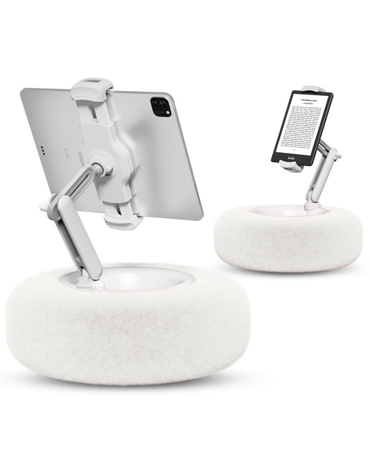 Viozon Tablet Stand Pillow, Compatible with 4.7"-13" Phone/Tablet, iPad, iPhone, Samsung, Google, Kindle, 360°Adjustable Phone Holder for Bed with Soft Plush Fabric, and Detachable Bowl, White