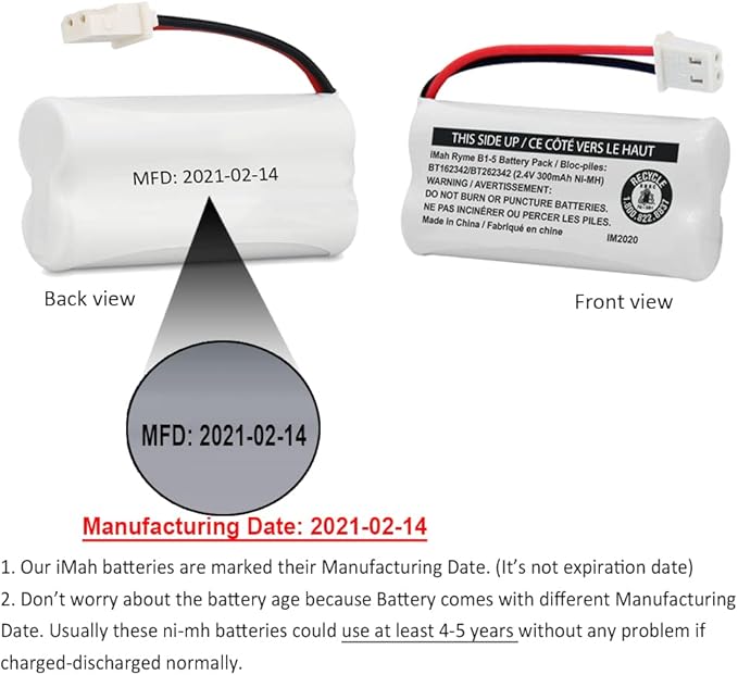 iMah BT162342/BT262342 2.4V 300mAh Ni-MH Cordless Phone Battery Pack, Also Compatible with BT183342/BT283342 AT&T EL52351 TL90070 VTech CS5119 DS6511 DS6722 LS6305 Handset, 5-Pack