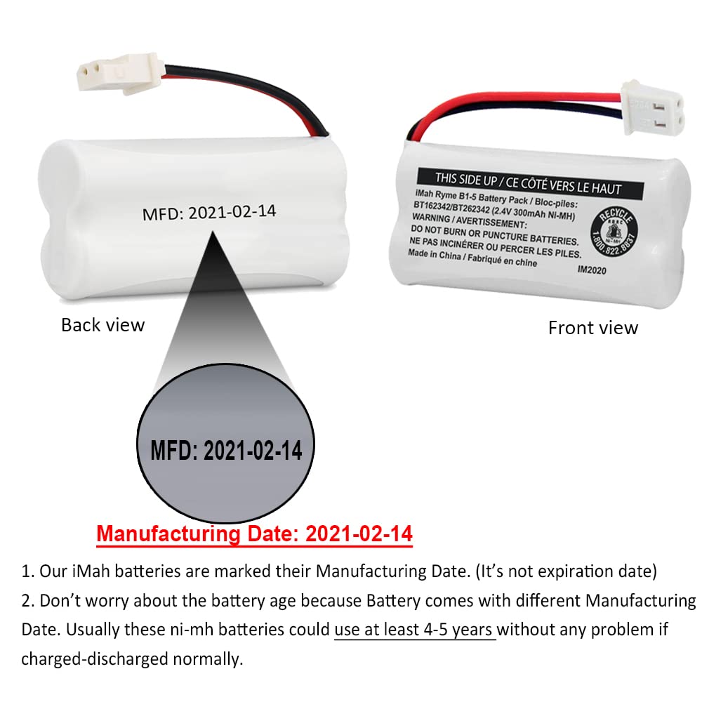 iMah BT162342/BT262342 2.4V 300mAh Ni-MH Cordless Phone Battery Pack, Also Compatible with BT183342/BT283342 AT&T EL52351 TL90070 VTech CS5119 DS6511 DS6722 LS6305 Handset, 4-Pack