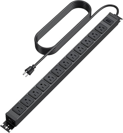 HHSOET 360° Rotating 12 Outlet Mountable Power Strip, Aluminum Alloy Power Strip Extension Cord, Heavy Duty Wall Mount Surge Protector with Switch, Works Great and Very Versatile, 6ft Power Cord.Black