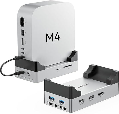 ANYOYO Mac mini M4 Dock and Stand, 10-in-1 Aluminum USB-C Hub with M.2 NVMe SSD Enclosure, 4K 60Hz Dual HDMI, 10 Gbps USB-C/A, 30W PD-in, Smart Fan Cooling, Wi-Fi Signal Friendly Design, Silver