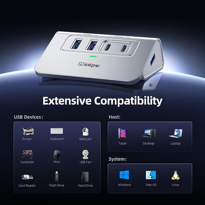 USB C Hub 10Gbps, 4 Port USB Splitter with 2 USB C/USB A 3.2 Data Ports, [Not Support Video and Chrging], Aluminum USB 3.2 Hub with 3.3Ft Cable for Laptop, PC, Mac, Flash Drive, Camera