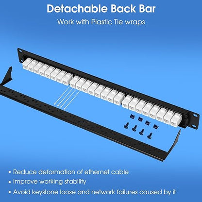 24 Port Keystone Patch Panel, 1U 19-inch RJ45 Network Patch Panel with Back Bar, Loaded with 24 Cat6 Couplers (White)