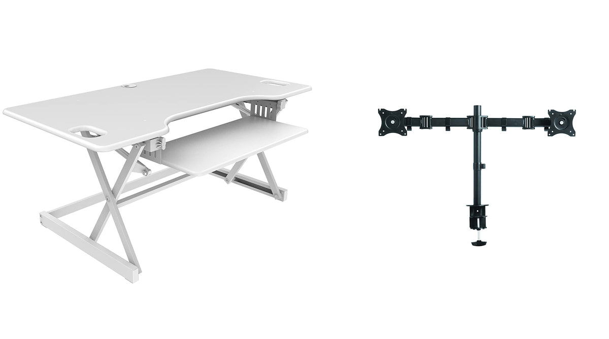 Rocelco 32" Height Adjustable Standing Desk Converter - Sit Stand Computer Workstation Riser - Dual Monitor Retractable Keyboard Tray Gas Spring Assist - Black (R EADRB2)