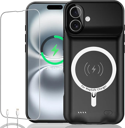 Battery Case iPhone 16 Plus, Upgraded 12000mAh Rechargeable Portable Extended Battery Pack Supported Qi Wireless Charging Case Compatible with iPhone 16 Plus (6.7 inch) Charger Case Power Bank (Black)