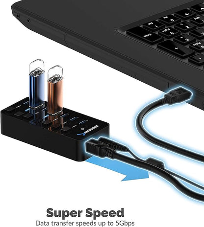SABRENT 36W 7 Port USB 3.0 Hub with Individual Power Switches and LEDs Includes 36W 12V/3A Power Adapter (HB-BUP7)