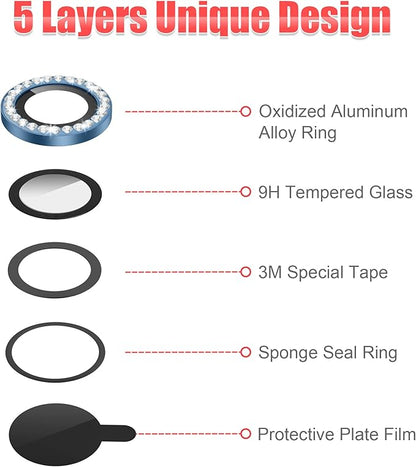 AGVEE 3+3 6 Pack for iPhone 12 Pro/12/12 Mini/11 Pro Max/11 Pro/11 - Bling Diamond & Glitter Metal Ring 9H Tempered HD Glass Camera Protector