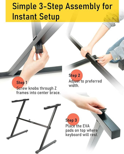 Stage Rocker Z-Style Keyboard Stand, Adjustable Width for 61/88 Key Keyboards, Sturdy & Durable Digital Piano Stand, Easy Storage, Sleek Black.