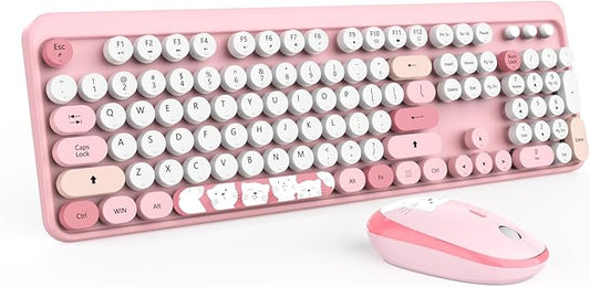 Kootop Wireless Keyboard, Cute Colorful 104 Keys Typewriter Retro Round Keycaps Keyboard for PC Laptop,Desktop,Windows, Home and Office Keyboards (Pink)