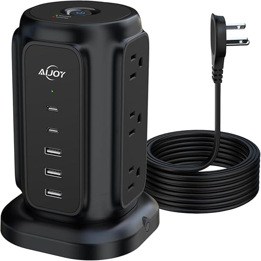 AiJoy Power Strip Tower with 9 AC Outlets and 5 USB Ports Charging Station