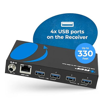 OREI USB 3.2 Over Ethernet HDbaseT Cat6 Extender LAN Upto 330 Feet - Extends 4 Ports USB-A Signal Over LAN Ethernet - Power Over Cable for Long Distance Extension Supports All Operating System