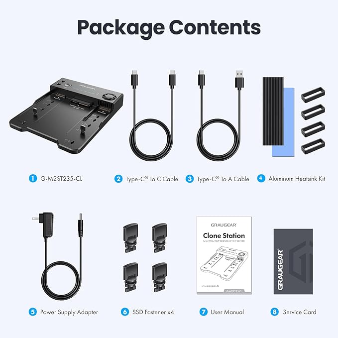 GRAUGEAR SATA SSD/HDD to M.2 NVMe Docking Station, USB-C 10Gbps Clone Station for M.2 NVMe SSD to SATA 2.5”/3.5” SSD & HDD Converter, Offline Cloning, Tool-Free, Built-in Cooling Fan