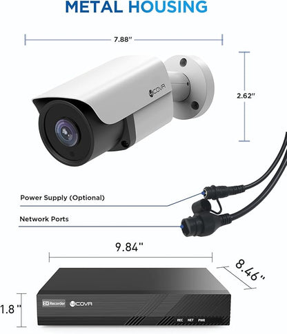 4COVR 4K Surveillance & Security Camera System, 8CH NVR 2TB HDD, AI Human Vehicle Detection, 8X 8MP Commercial IP67 PoE IP Bullet Camera Built-in Mic with Night Vision, 24/7 Recording, LY37EX8M0808