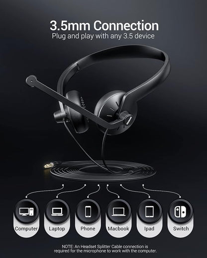 Wired Headphones with Microphone Headset - 3.5mm On-Ear Computer Headphones with Noise Cancelling Microphone for PC Laptop Home Office Online Class Skype Zoom Meetings Chat,Lightweight