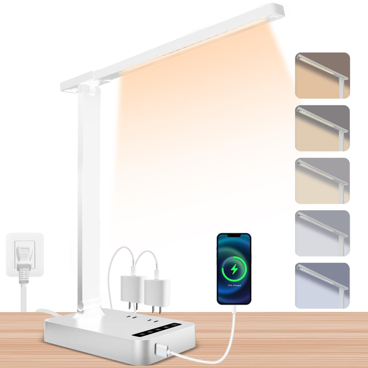 snsok Desk Light with Wireless Charger, USB Charging Port, Dimmable Office Desk Lamp with Clock, Alarm, Date, Temperature, Foldable Lamp for Table Bedroom Bedside Office