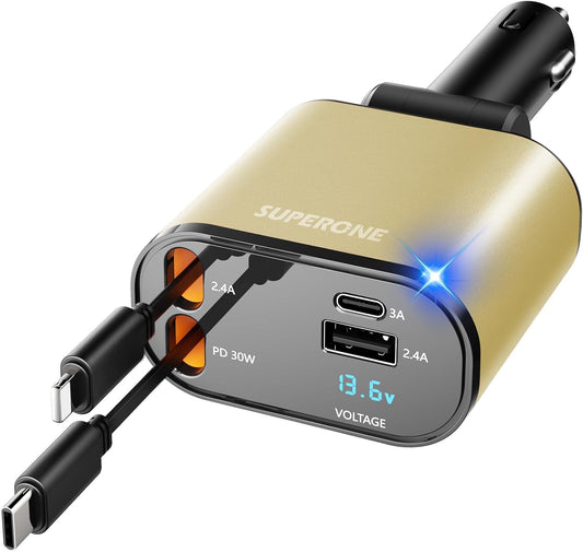 [Upgraded] SUPERONE Retractable Car Charger 4 in 1 Fast Phone Charger