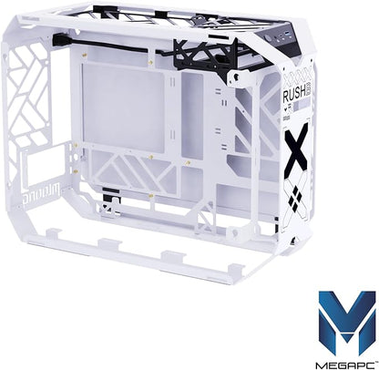 MegaPC X-Era Open-Frame Mid-Tower Micro-ATX/Mini-ITX Gaming Case – Tempered Glass Panels, High Airflow, ARGB Lighting, USB-C Port (Black/White/Print Stream, with Fans Only)