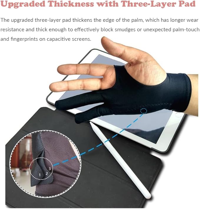 Drawing Glove, 3-Layer Palm Rejection Digital Art Glove for Graphic Tablet, Artist Gloves with Two Fingers for iPad, Paper Sketching, Smudge Guard (2 PCS, Middle)