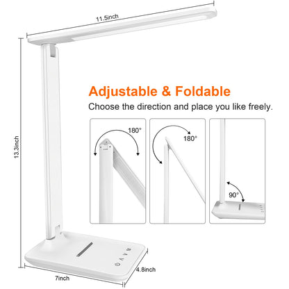 karidi LED Desk Lamp Dimmable Table Lamp with USB Charging Port, 5 Lighting Modes, Sensitive Control, Foldable Portable Desk Light for Home Office Bedroom Reading (White, Standard Size - 13.3 inch)