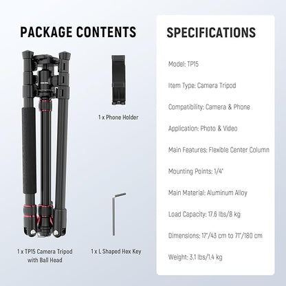 NEEWER Basics Camera Tripod Monopod, 71" Aluminum Heavy Duty Portable Travel DSLR Cell Phone Stand with 360° Ball Head Cellphone Holder Mount Compatible with iPhone for Filming Video Recording, TP15