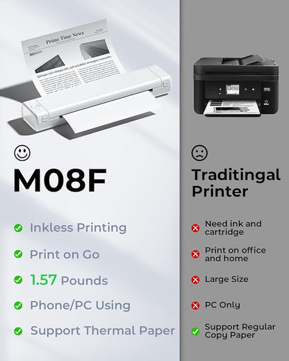 Phomemo M08F Portable Printers Wireless for Travel, Thermal Printer Support 8.5" X 11" US Letter Thermal Paper, Bluetooth Inkless Printer Compatible with iOS, Android, Laptop for Travel, Office, Home