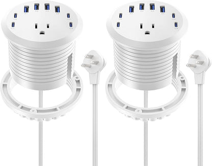 Jgstkcity 65W USB-C Hidden Desktop Power Grommet: 1 AC Outlet,8 USB Charging Ports,3'' Hole Flush Mount Pop-Up Power for Conference Tables & Nightstands (Whtie, 6 FT - 2PCS)