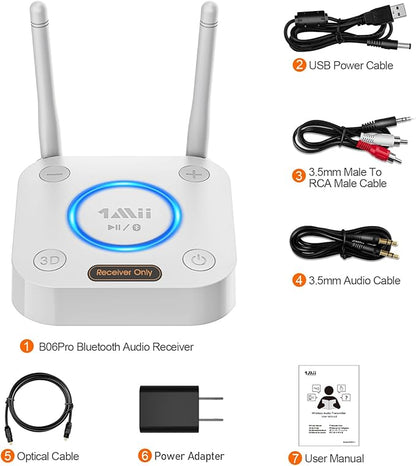 [Upgraded] 1Mii Bluetooth 5.1 Receiver, Long Range HiFi Bluetooth Audio Adapter w/ 3D Surround aptX HD Low Latency, Optical RCA AUX 3.5mm Coaxial for Home Stereo System - B06Pro Grey