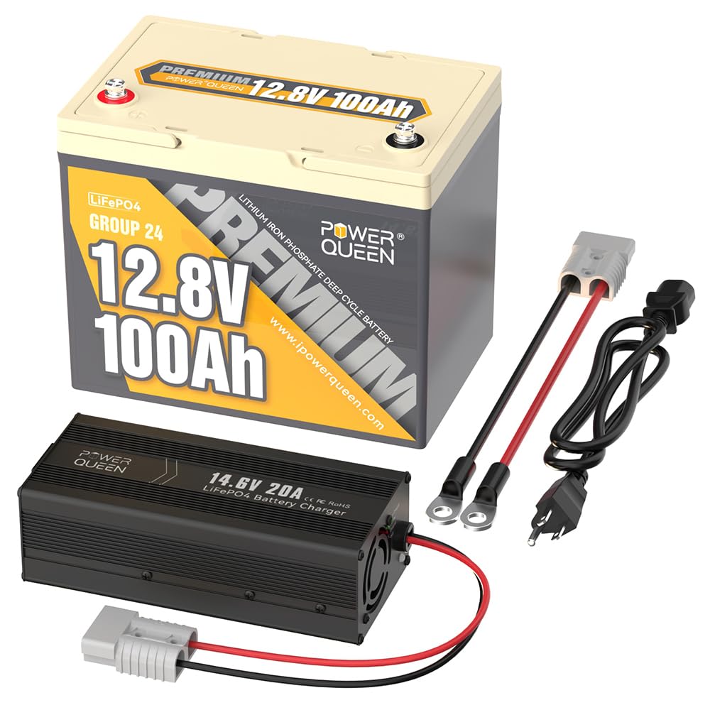 Power Queen 12V 100Ah LiFePO4 Battery with 12V 20A Lithium Battery Charger