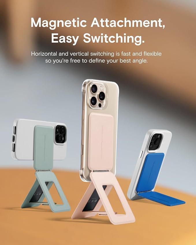 MOFT Phone Stand, Magnetic Phone Tripod Stand Stain-Resistant MOVAS Leather & Angle Adjustment & Strong Magnets Tripod for iPhone 16/15/14/13/12 (Included Metal Ring)-Misty Cove